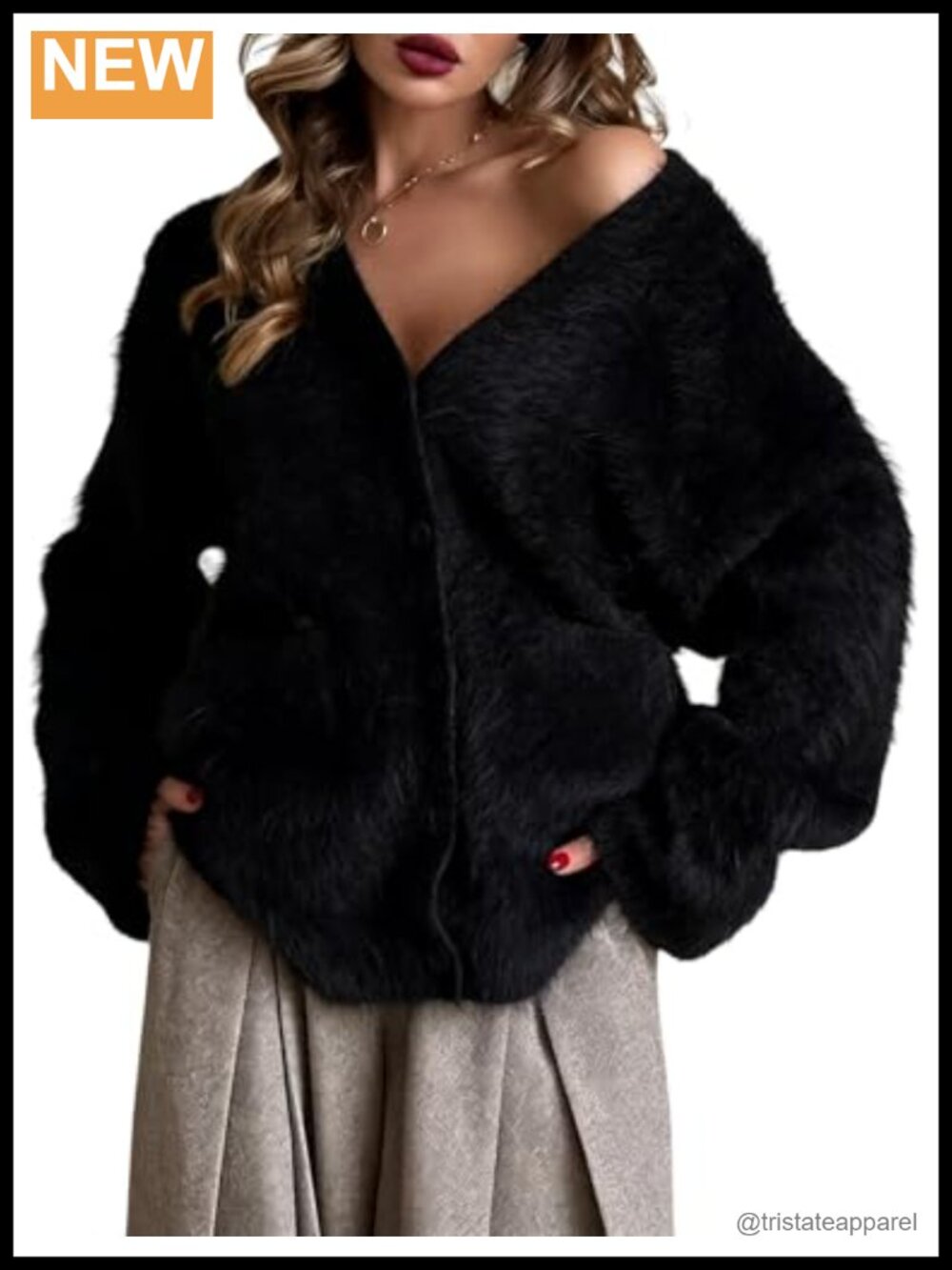 Fuzzy Cardigan Sweaters for Women V Neck Button Down Knit Furry Long Sleeve